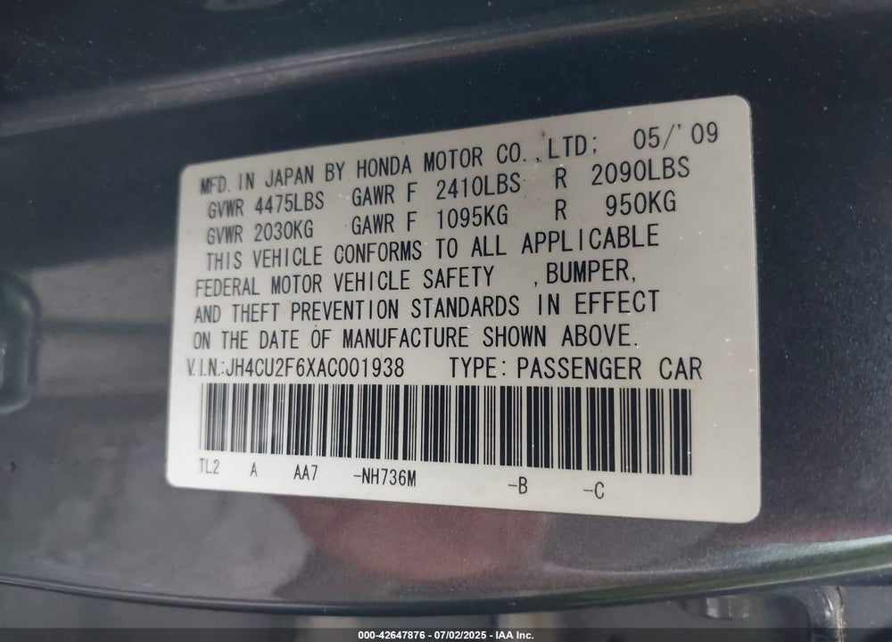 2010 ACURA TSX VIN: JH4CU2F6XAC001938