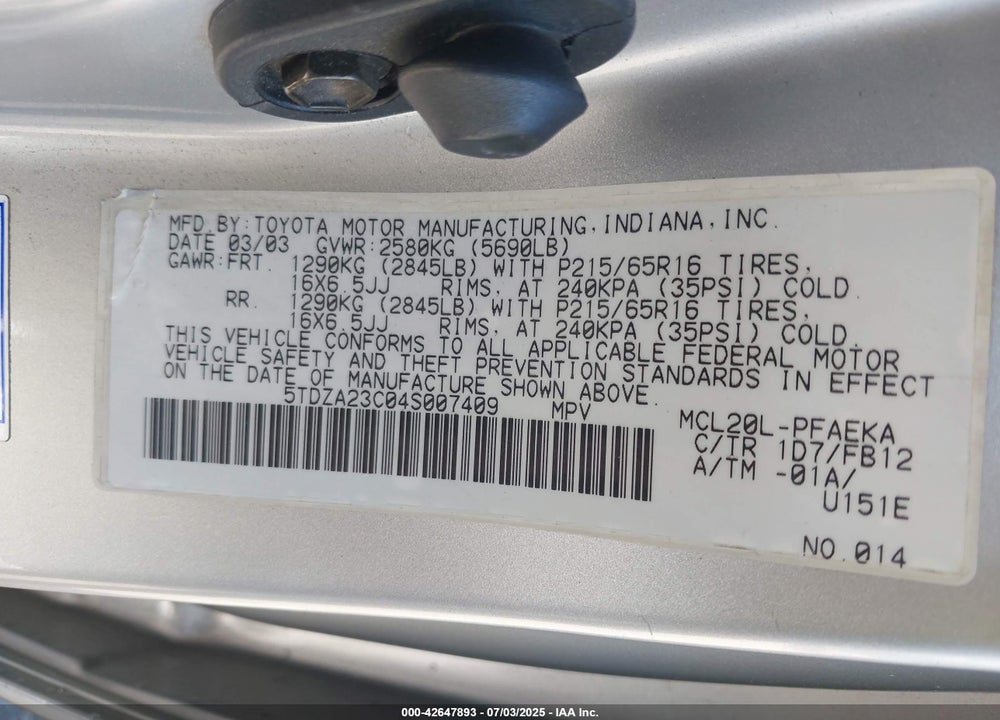 2004 TOYOTA SIENNA LE VIN: 5TDZA23C04S007409