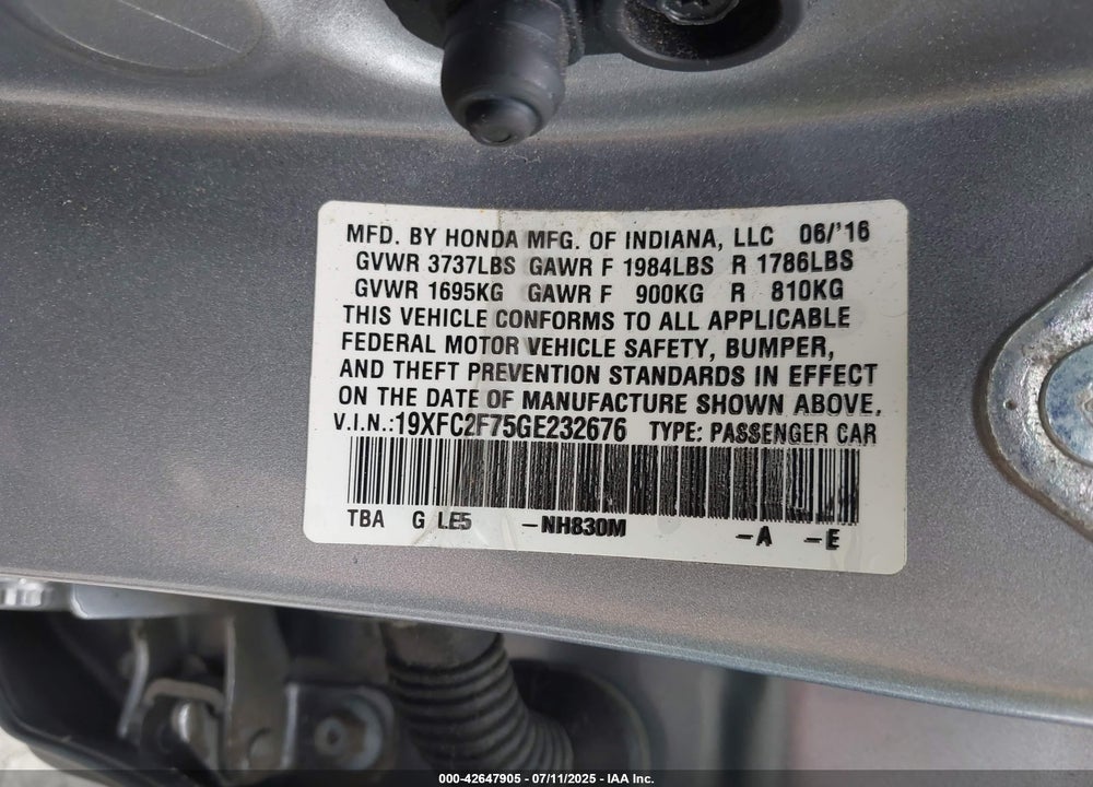 2016 HONDA CIVIC VIN: 19XFC2F75GE232676