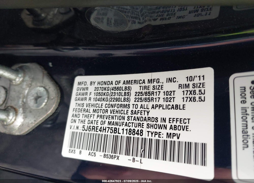 2011 HONDA CR-V EX-L VIN: 5J6RE4H75BL118848