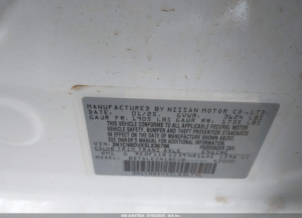 2025 NISSAN VERSA VIN: 3N1CN8DVXSL836796