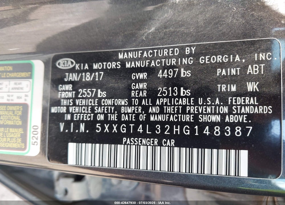 2017 KIA OPTIMA VIN: 5XXGT4L32HG148387