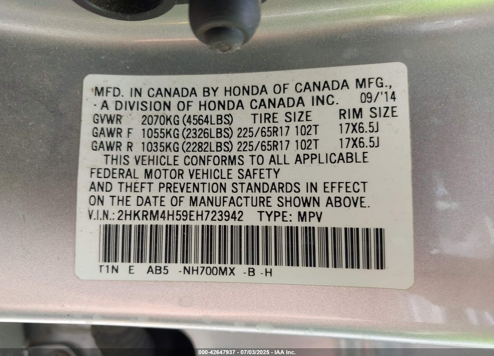 2014 HONDA CR-V VIN: 2HKRM4H59EH723942