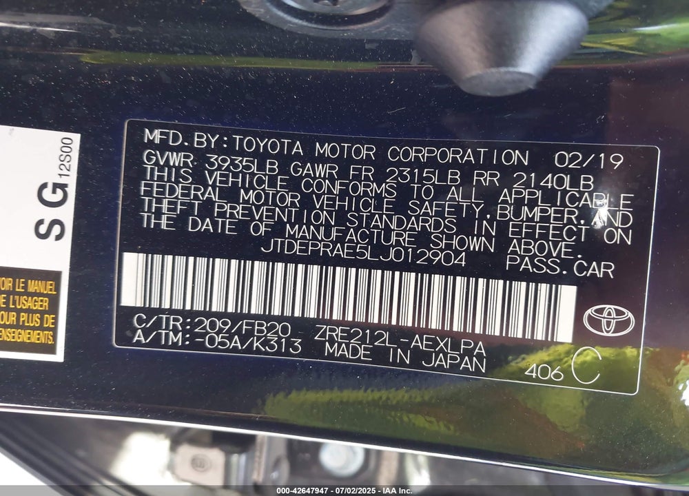 2020 TOYOTA COROLLA VIN: JTDEPRAE5LJ012904