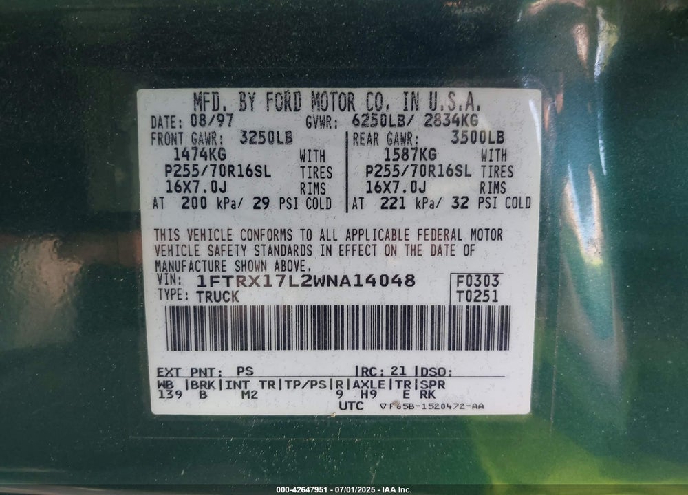1998 FORD F-150 LARIAT/XL/XLT VIN: 1FTRX17L2WNA14048