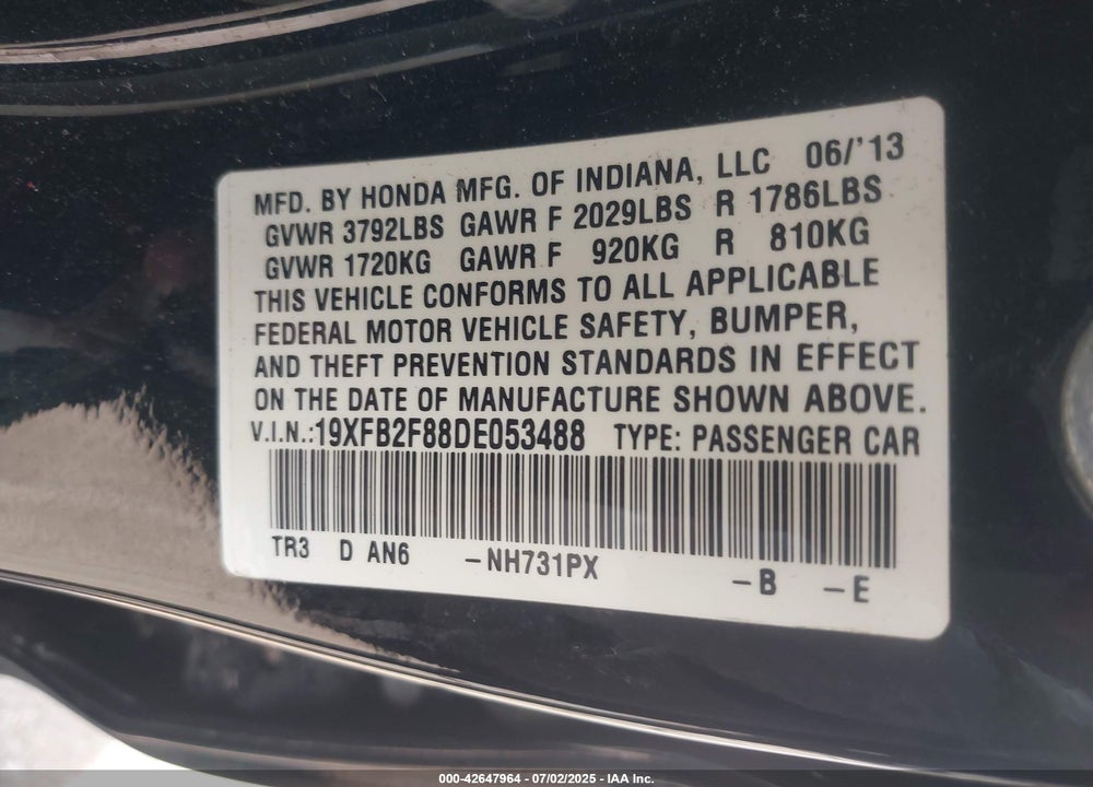 2013 HONDA CIVIC VIN: 19XFB2F88DE053488