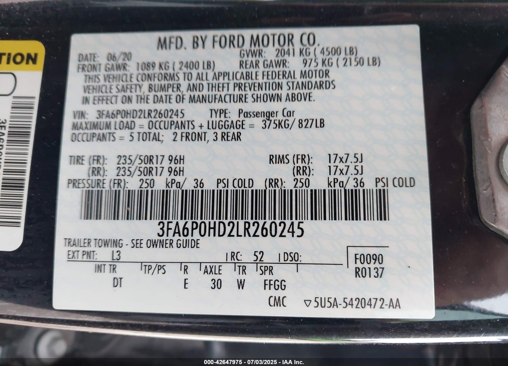 2020 FORD FUSION VIN: 3FA6P0HD2LR260245