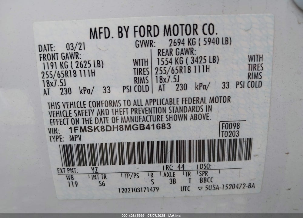 2021 FORD EXPLORER VIN: 1FMSK8DH8MGB41683