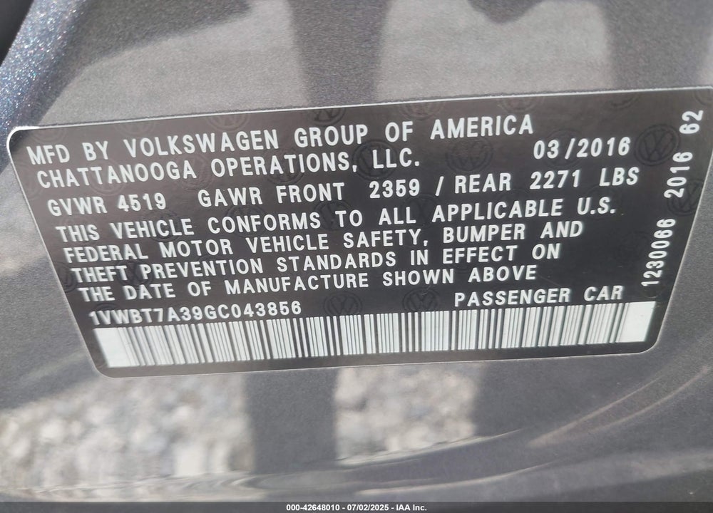 2016 VOLKSWAGEN PASSAT VIN: 1VWBT7A39GC043856