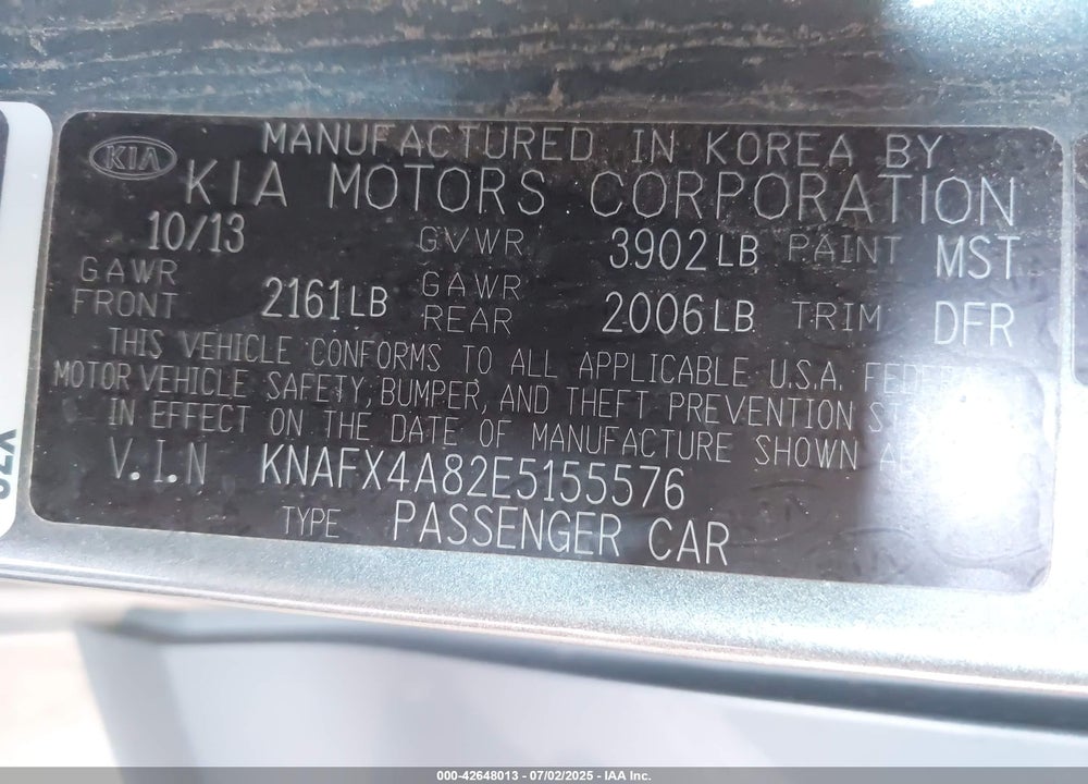 2014 KIA FORTE VIN: KNAFX4A82E5155576