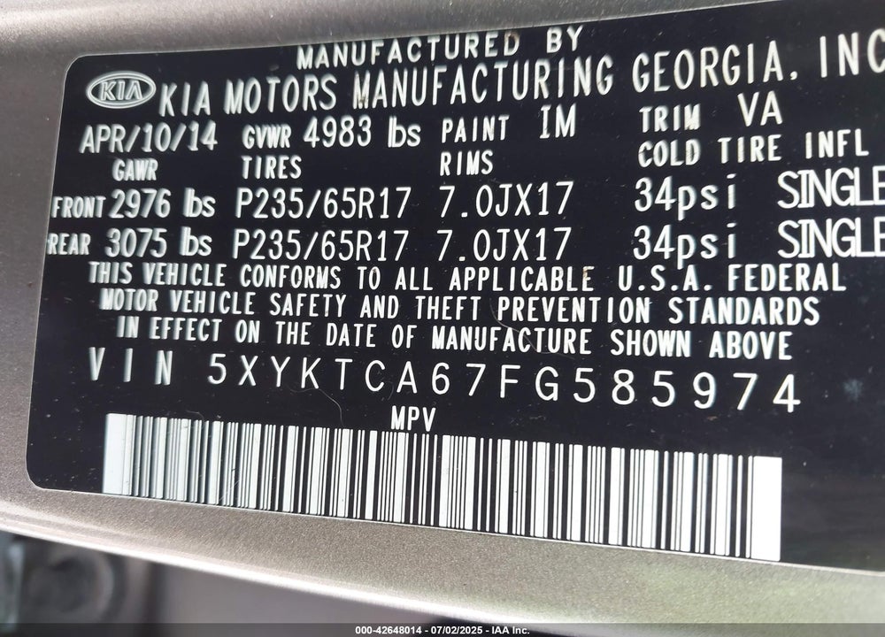2015 KIA SORENTO VIN: 5XYKTCA67FG585974