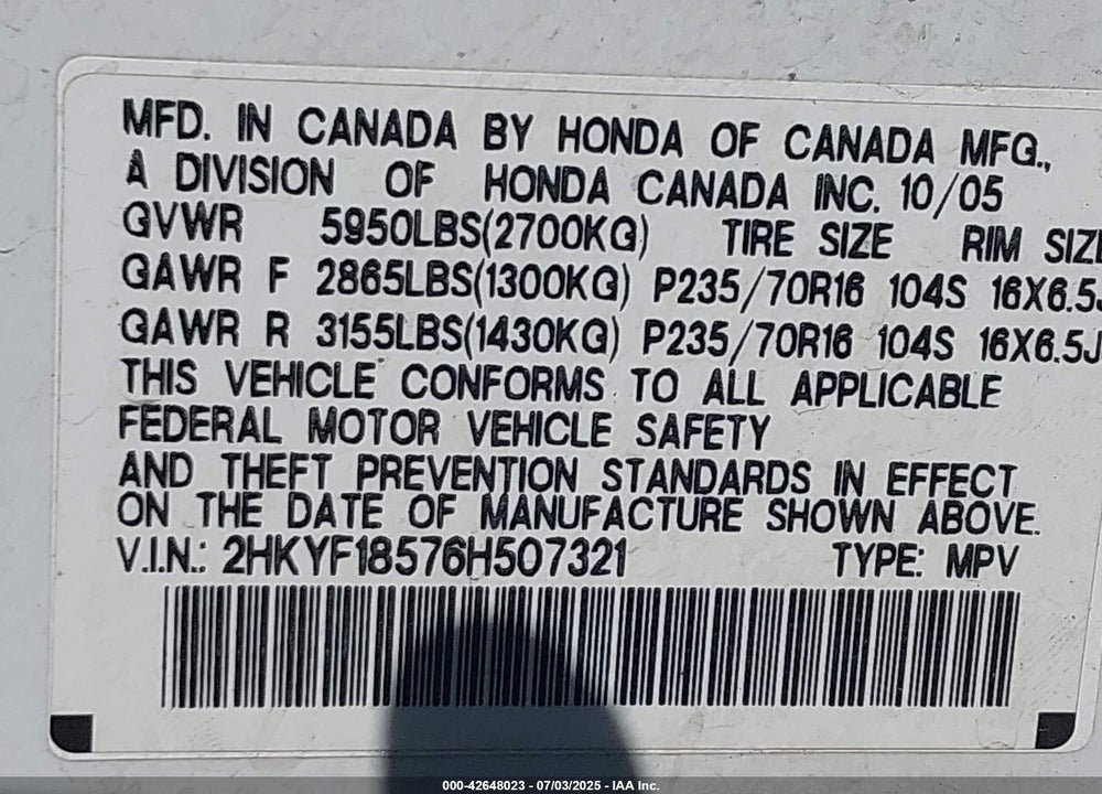 2006 HONDA PILOT VIN: 2HKYF18576H507321