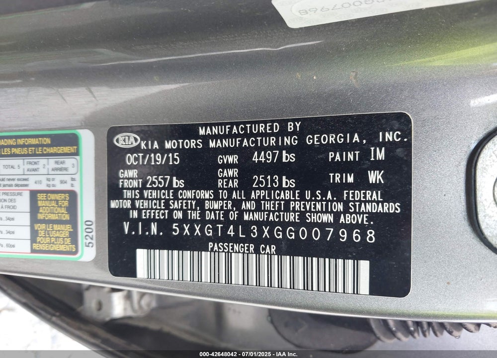 2016 KIA OPTIMA VIN: 5XXGT4L3XGG007968