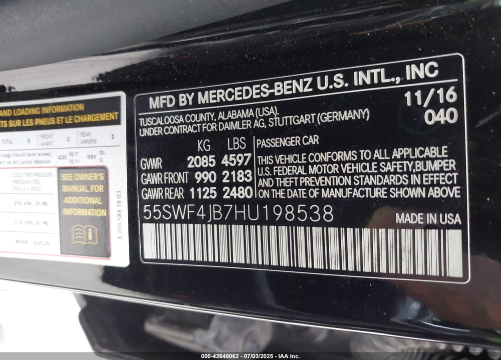 2017 MERCEDES-BENZ C CLASS VIN: 55SWF4JB7HU198538