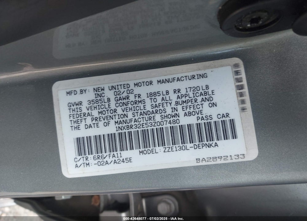 2003 TOYOTA COROLLA LE VIN: 1NXBR32E53Z007480