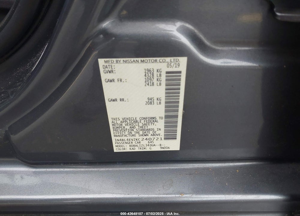 2019 NISSAN ALTIMA VIN: 1N4BL4EV2KC240721
