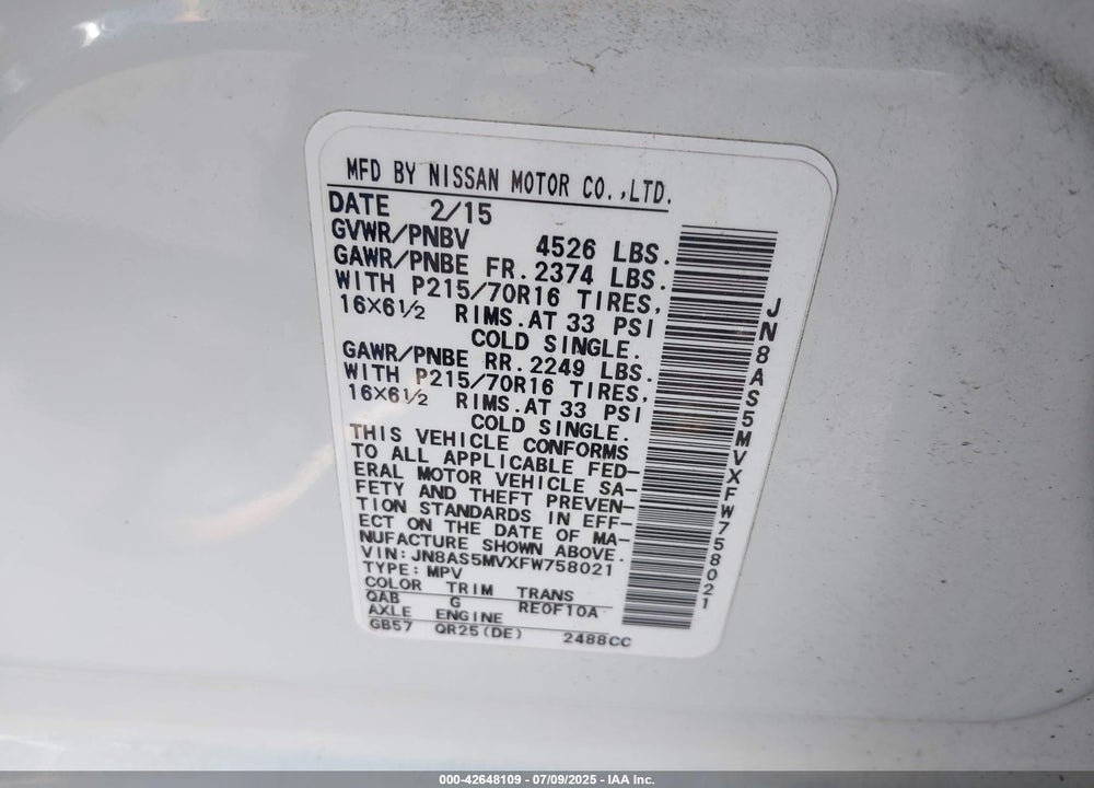 2015 NISSAN ROGUE SELECT S VIN: JN8AS5MVXFW758021