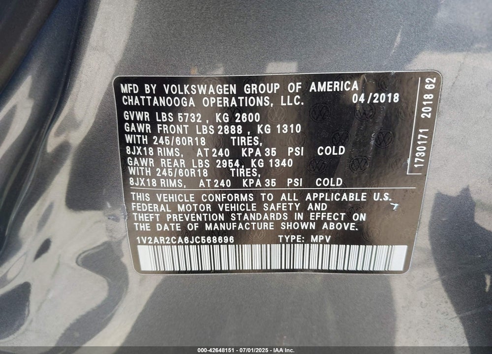 2018 VOLKSWAGEN ATLAS VIN: 1V2AR2CA6JC568696