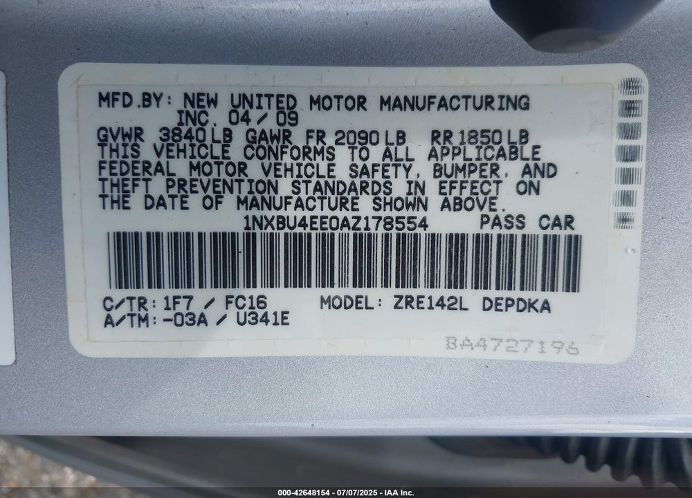 2010 TOYOTA COROLLA VIN: 1NXBU4EE0AZ178554