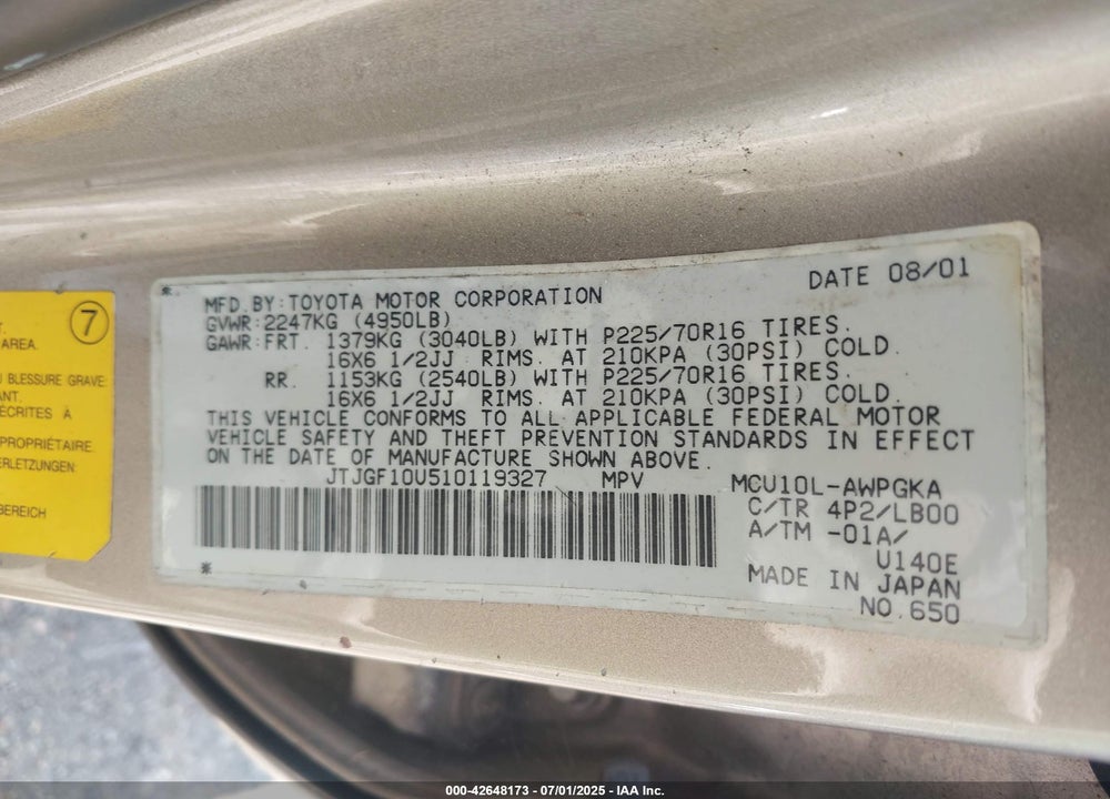 2001 LEXUS RX 300 VIN: JTJGF10U510119327