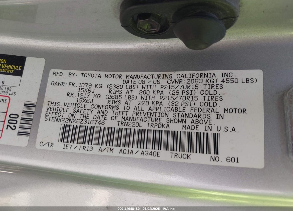 2006 TOYOTA TACOMA VIN: 5TENX22NX6Z316746