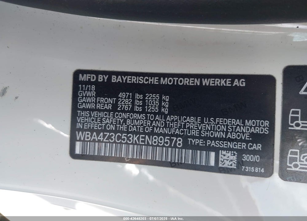 2019 BMW 4 SERIES VIN: WBA4Z3C53KEN89578