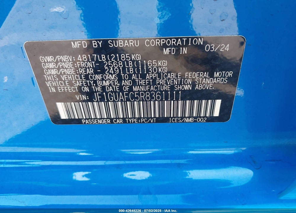 2024 SUBARU IMPREZA VIN: JF1GUAFC5R8361111
