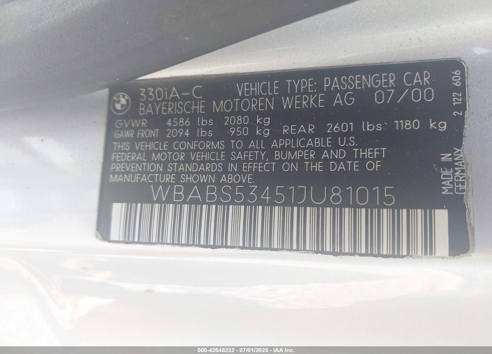 2001 BMW 330CI VIN: WBABS53451JU81015