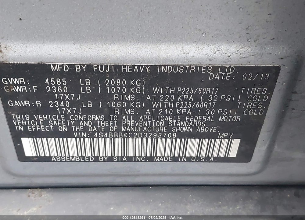 2013 SUBARU OUTBACK VIN: 4S4BRBKC2D3293708
