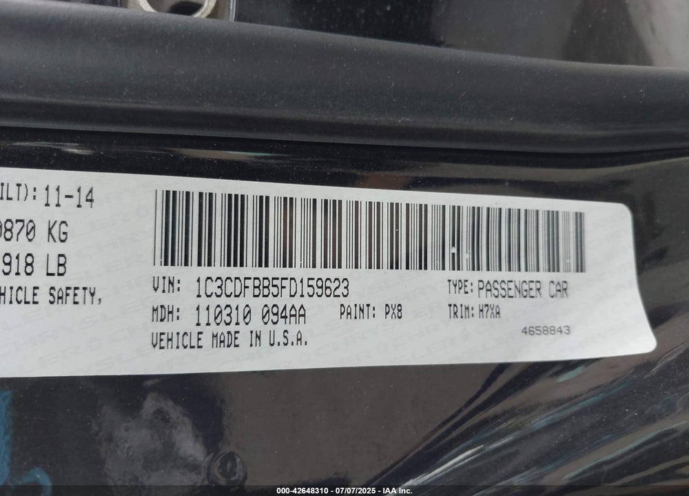 2015 DODGE DART VIN: 1C3CDFBB5FD159623
