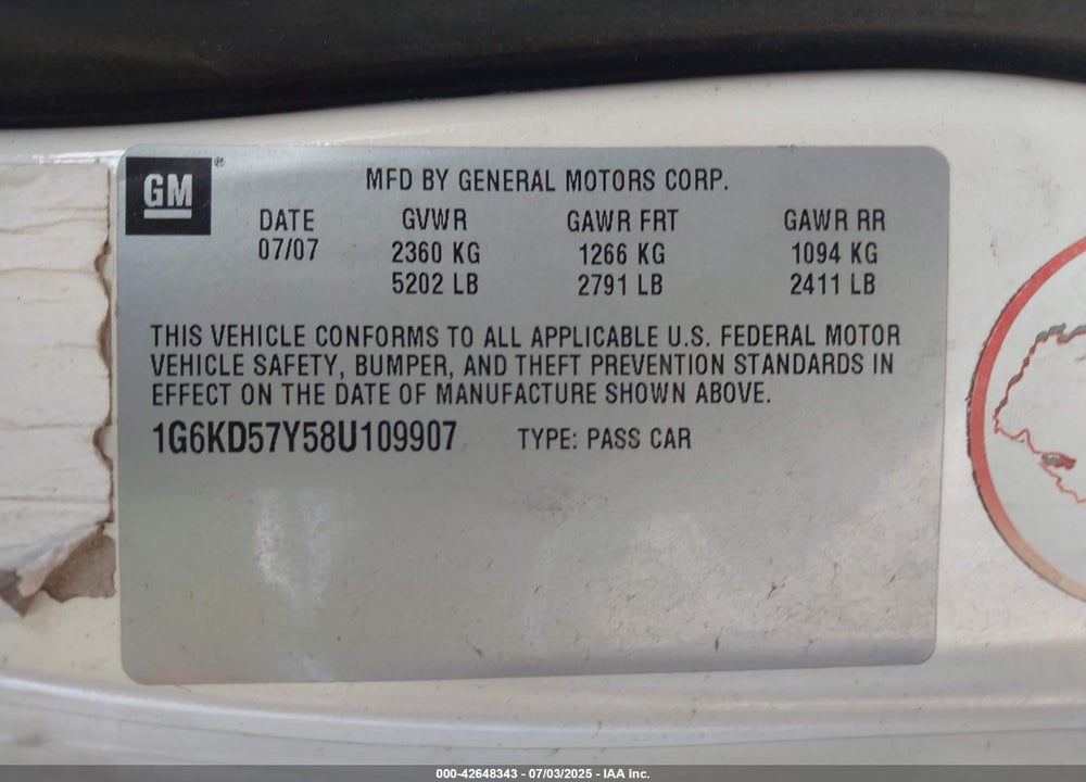 2008 CADILLAC DTS 1SB VIN: 1G6KD57Y58U109907