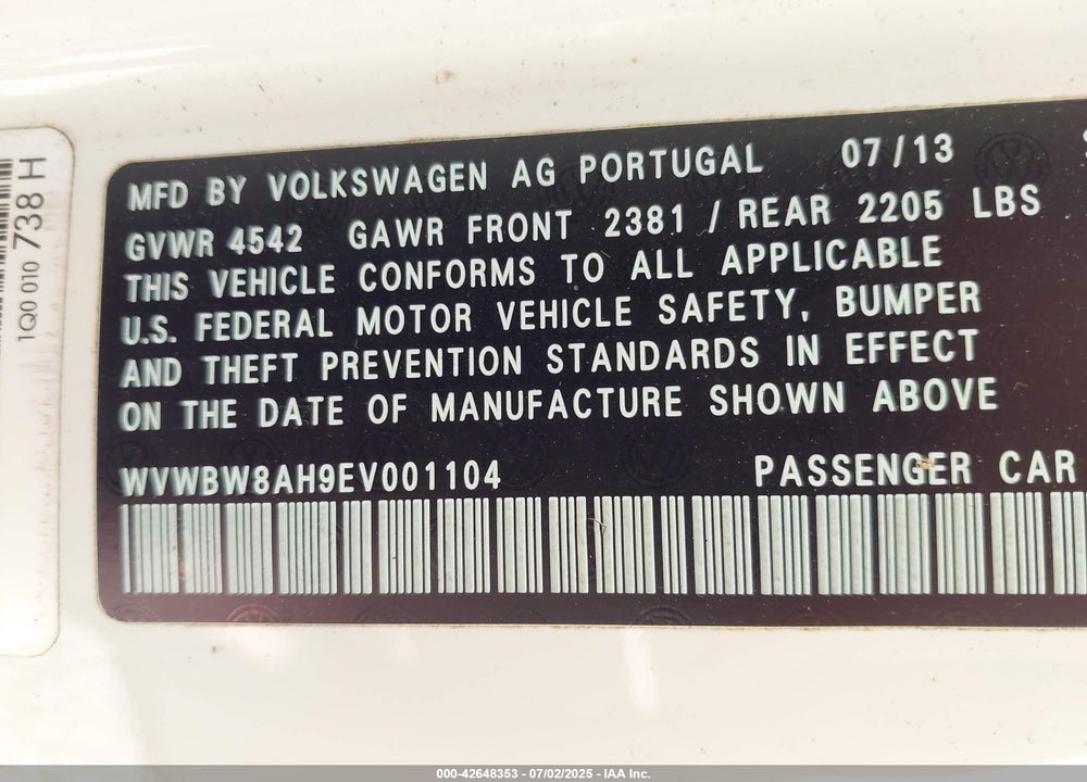 2014 VOLKSWAGEN EOS VIN: WVWBW8AH9EV001104