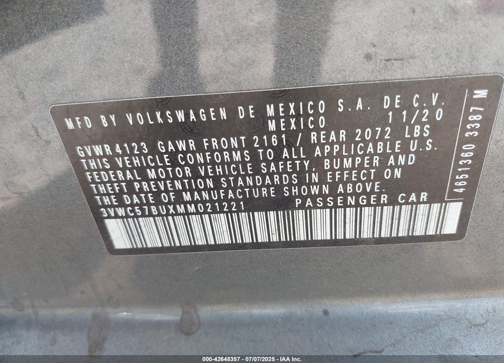2021 VOLKSWAGEN JETTA VIN: 3VWC57BUXMM021221