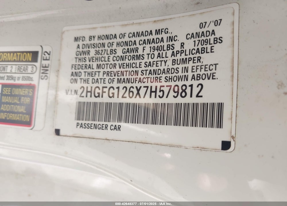 2007 HONDA CIVIC VIN: 2HGFG126X7H579812