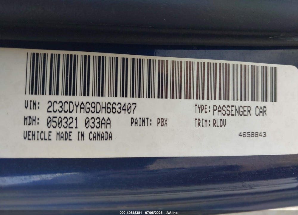 2013 DODGE CHALLENGER VIN: 2C3CDYAG9DH663407