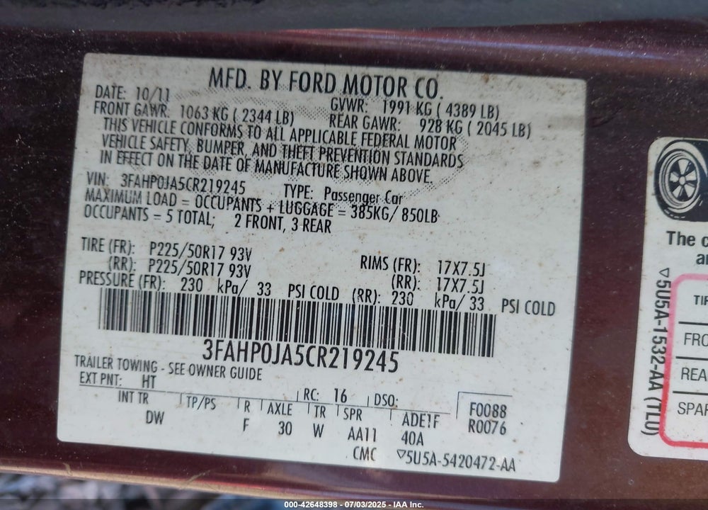 2012 FORD FUSION VIN: 3FAHP0JA5CR219245