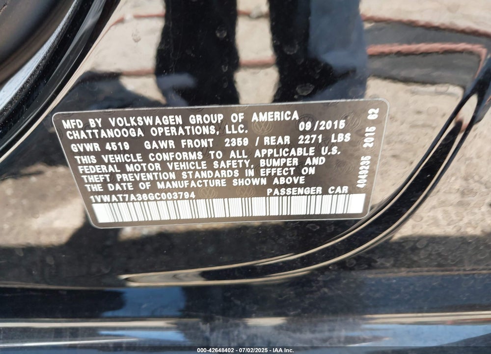 2016 VOLKSWAGEN PASSAT VIN: 1VWAT7A36GC003794
