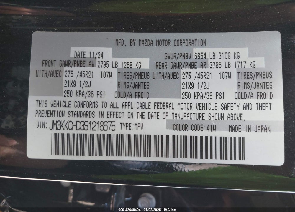 2025 MAZDA CX-90 VIN: JM3KKCHD3S1218675