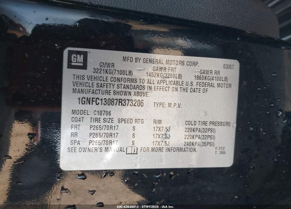 2007 CHEVROLET TAHOE VIN: 1GNFC13087R373206