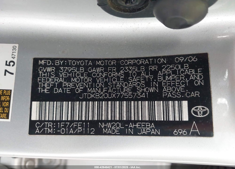 2007 TOYOTA PRIUS VIN: JTDKB20UX77557341