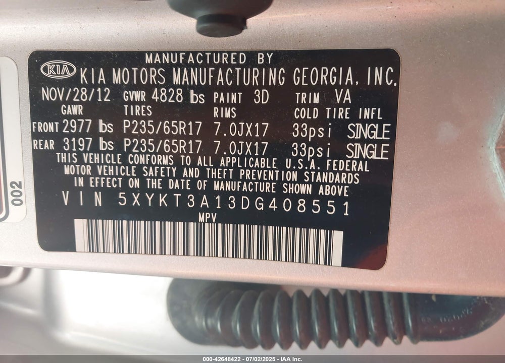 2013 KIA SORENTO LX VIN: 5XYKT3A13DG408551