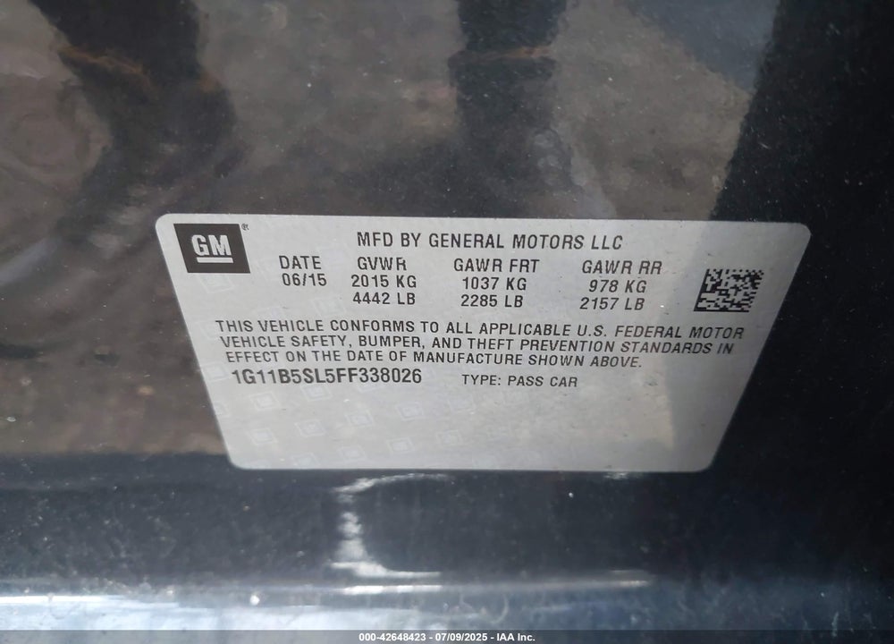 2015 CHEVROLET MALIBU VIN: 1G11B5SL5FF338026