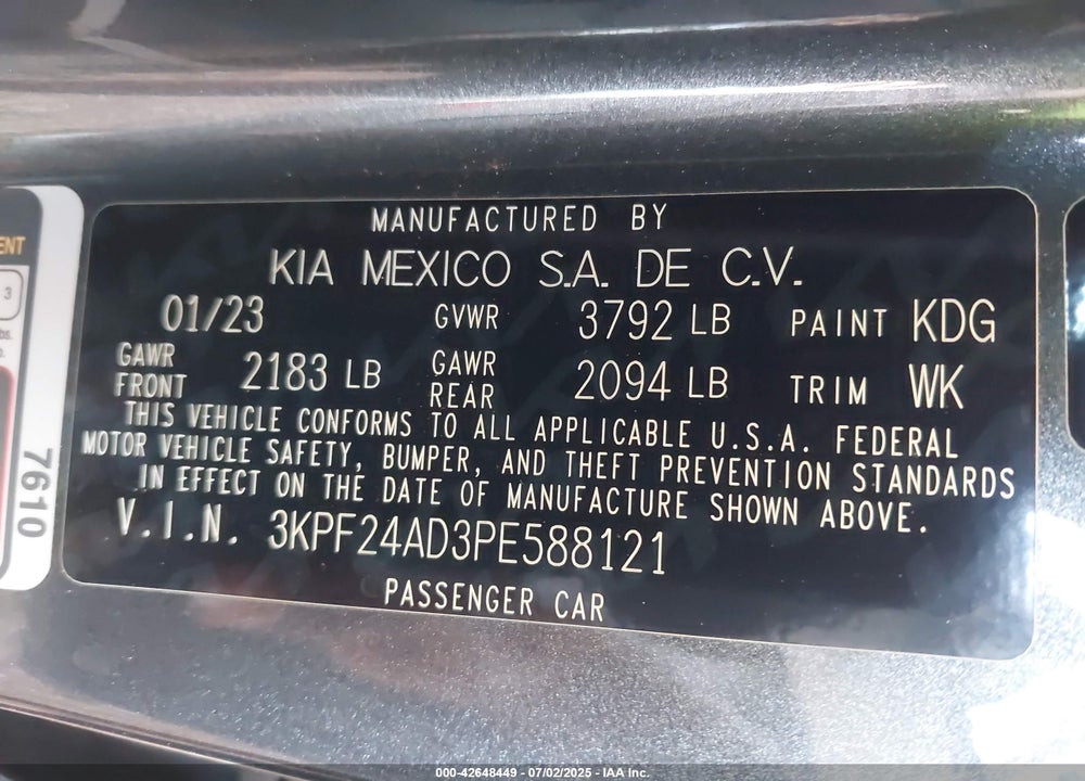 2023 KIA FORTE VIN: 3KPF24AD3PE588121