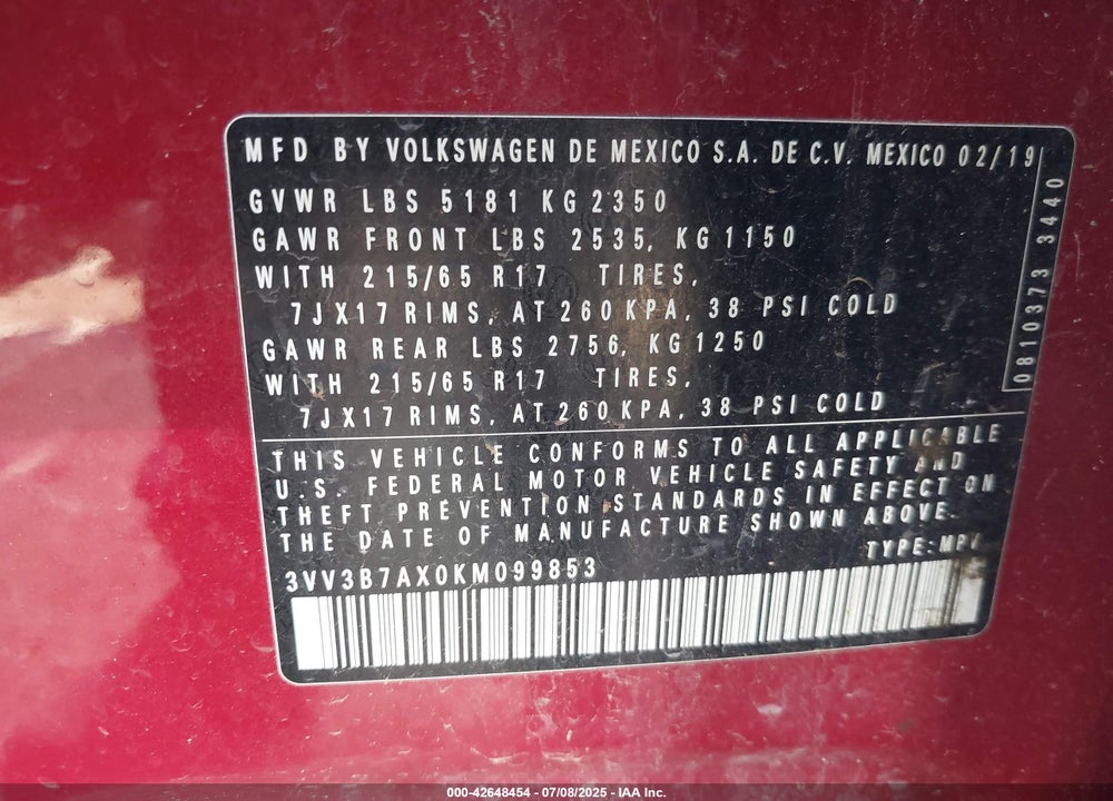 2019 VOLKSWAGEN TIGUAN VIN: 3VV3B7AX0KM099853