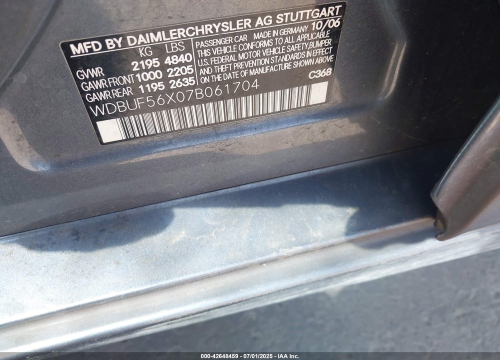 2007 MERCEDES-BENZ E 350 VIN: WDBUF56X07B061704
