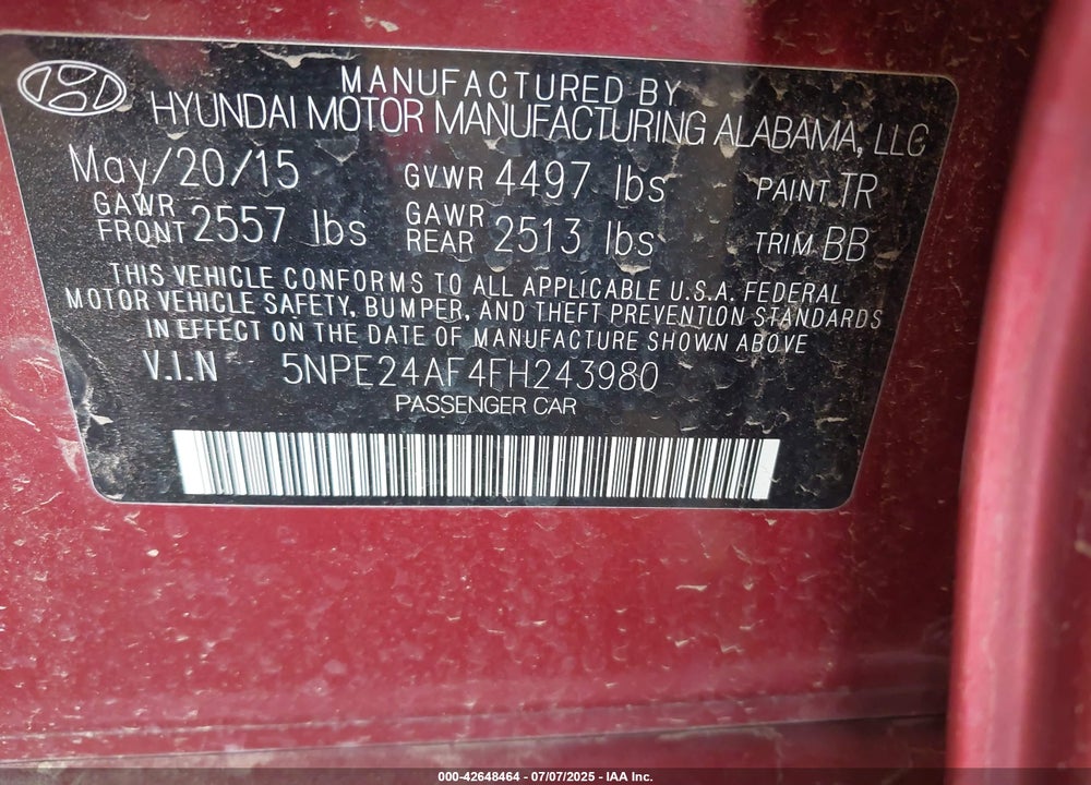 2015 HYUNDAI SONATA SE VIN: 5NPE24AF4FH243980