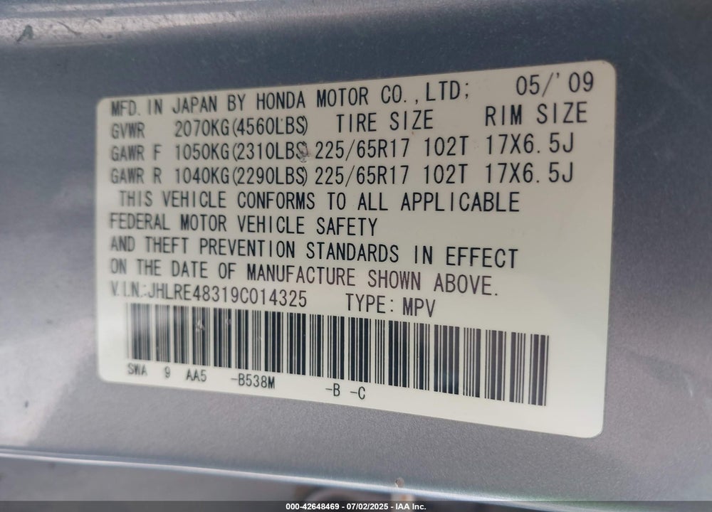 2009 HONDA CR-V VIN: JHLRE48319C014325