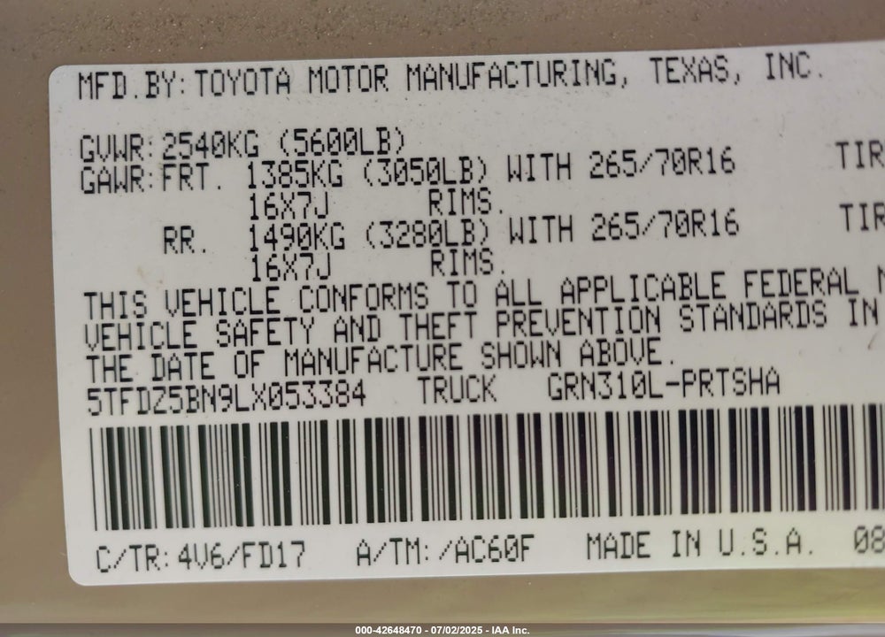 2020 TOYOTA TACOMA VIN: 5TFDZ5BN9LX053384