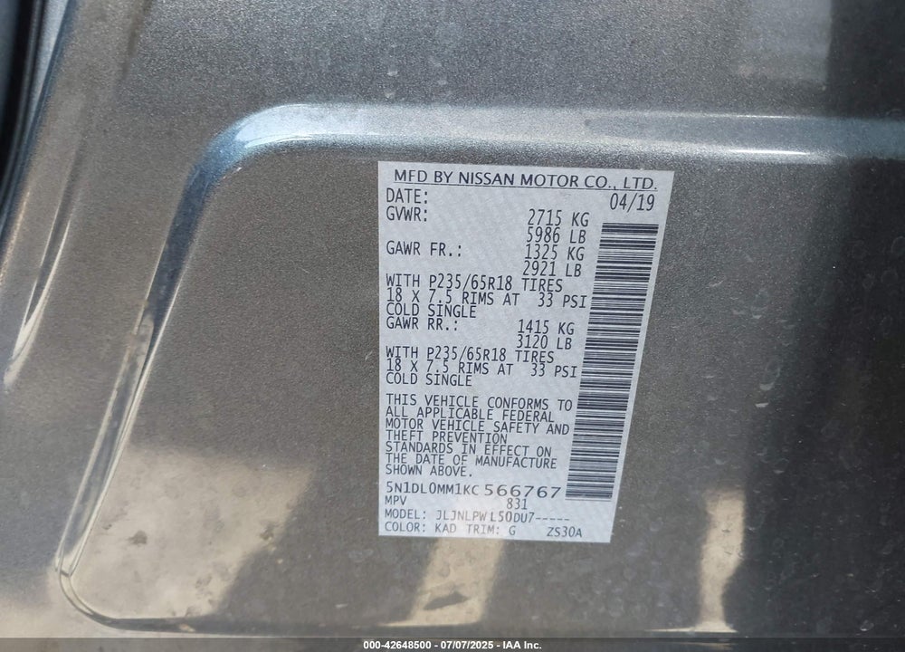 2019 INFINITI QX60 VIN: 5N1DL0MM1KC566767
