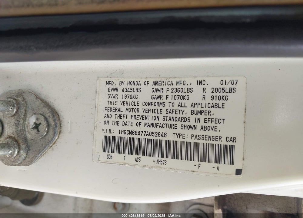 2007 HONDA ACCORD VIN: 1HGCM66477A052648